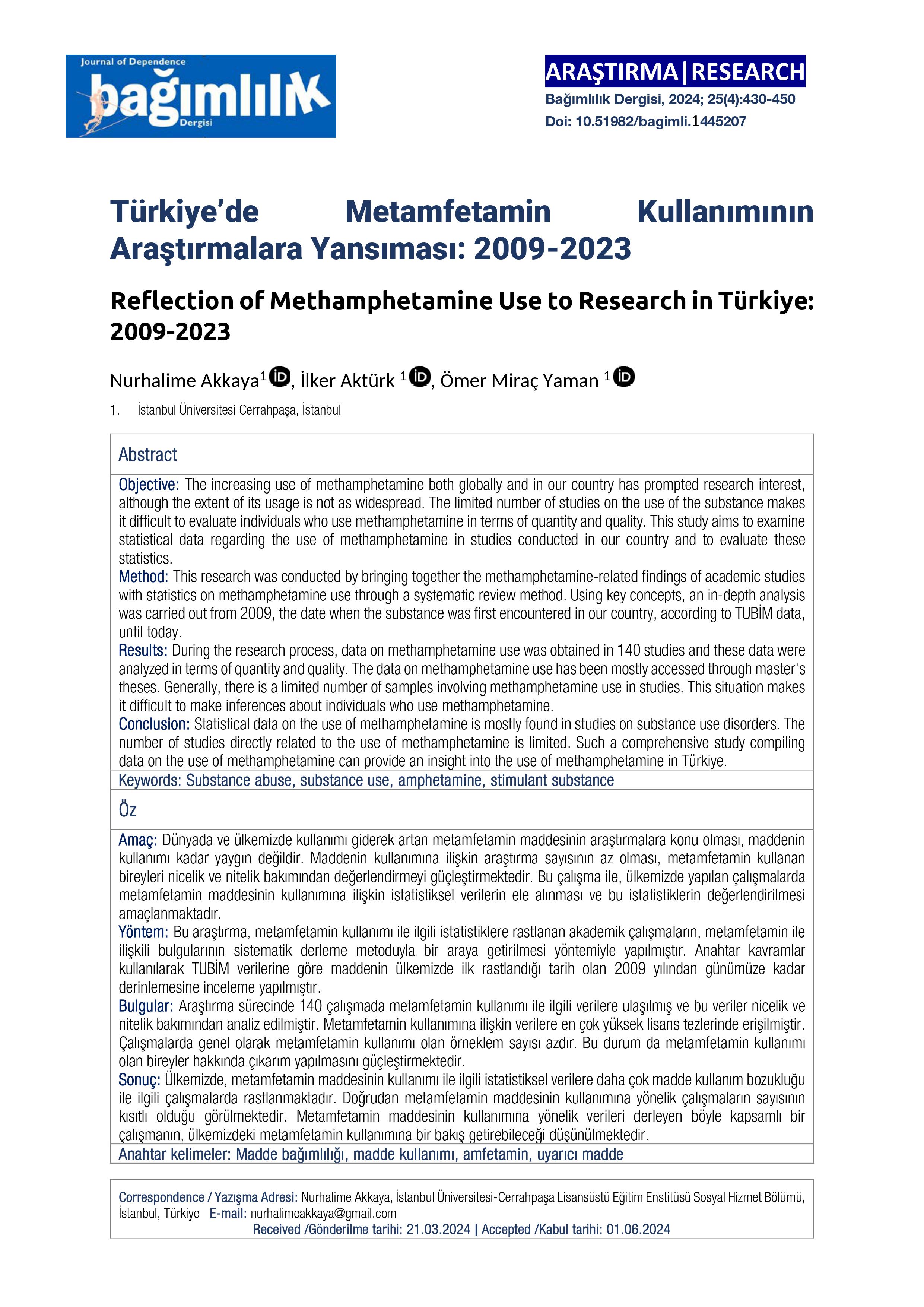 Türkiye'de Metamfetamin Kullanımının Araştırmalara Yansıması: 2009-2023 